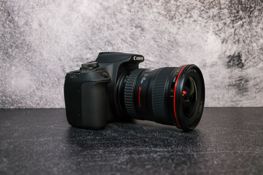 Canon 17-40mm f/4.0 Camera Lens attached to a Canon EOS Rebel T7 camera body