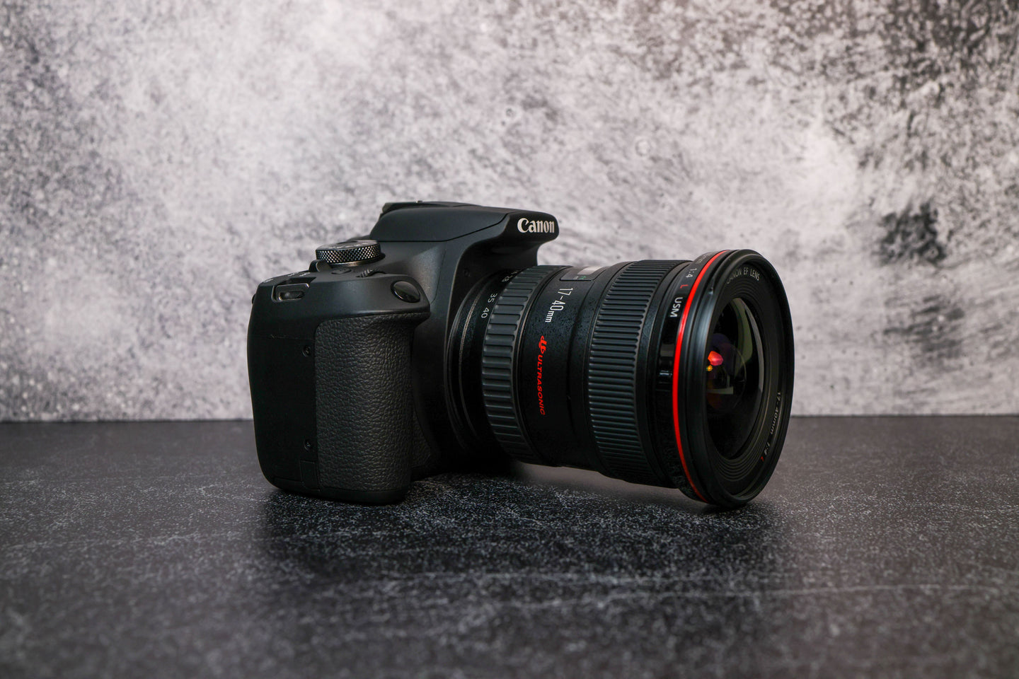 Canon 17-40mm f/4.0 Camera Lens attached to a Canon EOS Rebel T7 camera body